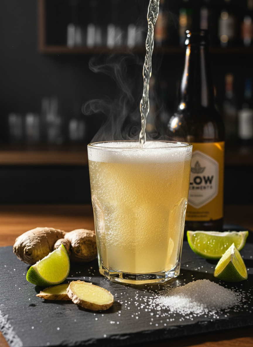 A dynamic, photographic scene featuring a freshly poured glass of ginger beer from Flow Ferments, captured the instant bubbles rush to the surface. The drink glows a pale, luminous gold in a faceted glass, sitting on a matte charcoal slate board. Around it, irregular slices of fresh ginger, lime wedges, and a small pile of sparkling sugar crystals add texture and energy. A faint mist of carbonation hangs in the air above the glass. Bright, directional light from the side creates crisp highlights on the bubbles and sharp, playful shadows on the slate. The background fades into a dark, softly blurred bar-like setting, emphasizing the effervescence and giving the mood a lively, experimental, slightly edgy feel.