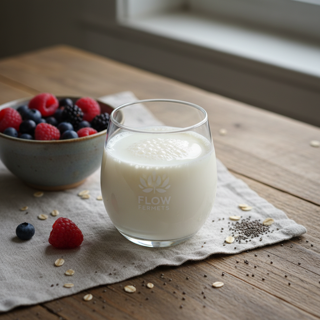 A cozy, photographic still life of a creamy glass of milk kefir from Flow Ferments, poured into a clear, slightly rounded tumbler that shows its velvety texture and tiny bubbles clinging to the sides. The glass sits on a natural linen cloth atop a rustic wooden table. Nearby, a small ceramic bowl overflows with fresh berries, while a few oats and chia seeds are scattered casually. Soft, overcast window light gently bathes the scene, creating delicate highlights on the glass and subtle shadows that feel calm and inviting. Shot at a slightly elevated angle with a shallow depth of field, the focus falls on the kefir’s smooth surface, conveying comfort, nourishment, and an approachable, playful twist on tradition.