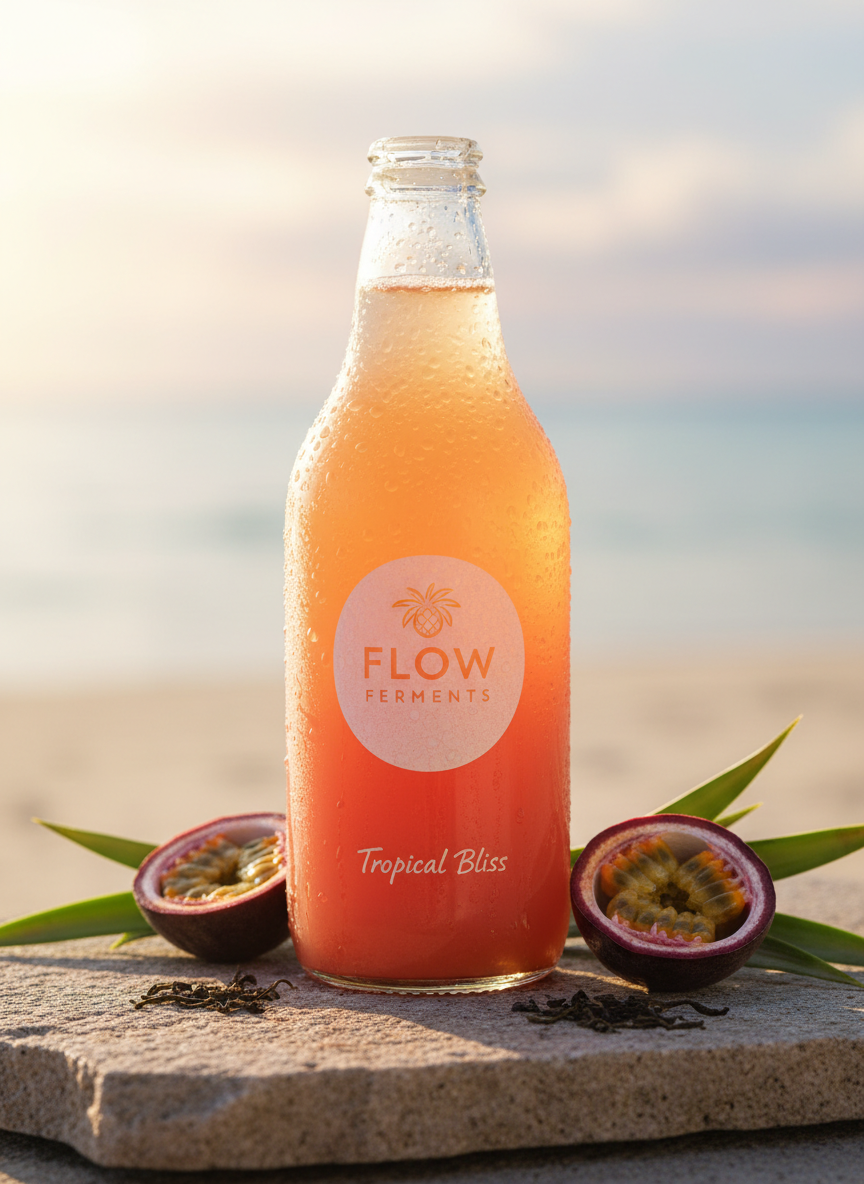 A close-up, photographic shot of a single Flow Ferments kombucha bottle in a playful tropical flavor, its glass surface beaded with condensation. The drink is a vivid gradient from deep coral at the bottom to pale peach near the top, with tiny bubbles rising inside. It stands on a sand-colored stone slab, surrounded by scattered passion fruit halves, pineapple leaves, and a few tea leaves. Warm golden hour light enters from the side, casting long, soft shadows and creating a sun-kissed glow on the liquid. The background is intentionally blurred into pastel tones, giving a beachy, carefree mood. Captured from a slightly low angle, the kombucha feels refreshing, adventurous, and joyfully handcrafted.