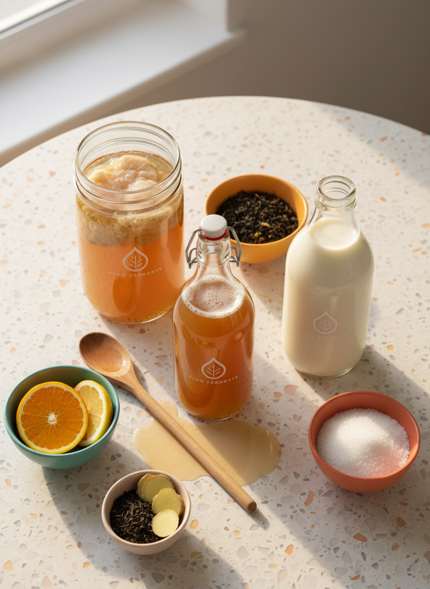 An overhead photographic view of a playful fermentation workspace dedicated to Flow Ferments, arranged on a pale terrazzo countertop. A large glass jar of kombucha with a floating SCOBY, a squat bottle of bubbly ginger beer, and a thick, opaque bottle of milk kefir form a loose triangle in the center. Around them, vibrant bowls of sliced citrus, ginger coins, tea leaves, and sugar crystals add pops of color. A wooden spoon rests beside a small spill of kombucha, catching the light. Diffused afternoon daylight from an unseen window creates a soft, even glow with minimal shadows. The composition feels dynamic yet tidy, with bright, cheerful tones and a modern, experimental kitchen vibe that highlights the craft and creativity of fermenting.