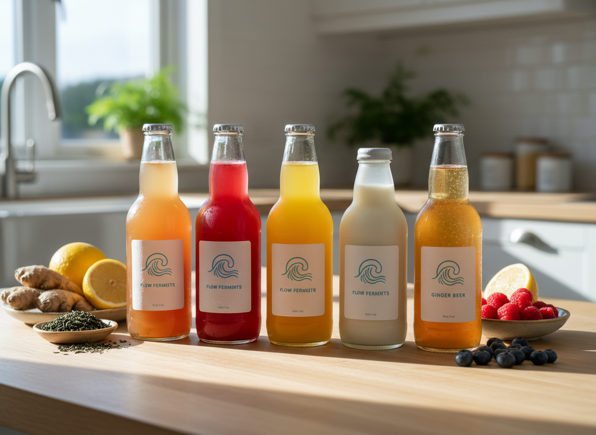 A vibrant lineup of artisanal ferment drinks from Flow Ferments displayed on a light wooden countertop, captured in photographic realism. Clear glass bottles of kombucha in amber, raspberry-red, and citrus-gold stand beside a frosted bottle of creamy milk kefir and a softly fizzing ginger beer. Behind them, a playful arrangement of fresh ingredients—ginger roots, lemon wedges, tea leaves, and berries—rests on small ceramic dishes. Soft morning window light streams in from the side, creating sparkling highlights on the condensation and gentle shadows on the wood. Shot at eye level with a shallow depth of field, the background blurs into a bright, modern kitchen, creating a lively, inviting atmosphere that feels fresh, handcrafted, and full of flavor exploration.