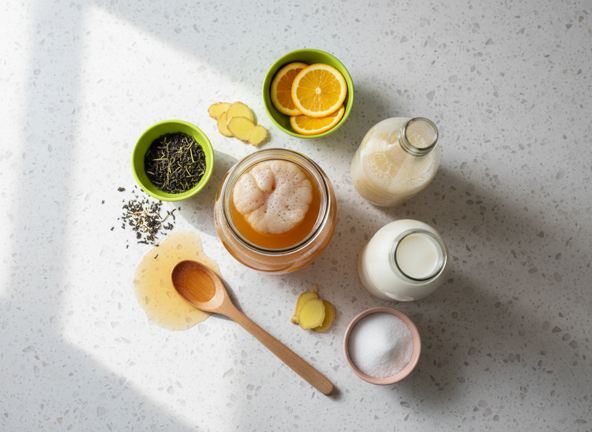An overhead photographic view of a playful fermentation workspace dedicated to Flow Ferments, arranged on a pale terrazzo countertop. A large glass jar of kombucha with a floating SCOBY, a squat bottle of bubbly ginger beer, and a thick, opaque bottle of milk kefir form a loose triangle in the center. Around them, vibrant bowls of sliced citrus, ginger coins, tea leaves, and sugar crystals add pops of color. A wooden spoon rests beside a small spill of kombucha, catching the light. Diffused afternoon daylight from an unseen window creates a soft, even glow with minimal shadows. The composition feels dynamic yet tidy, with bright, cheerful tones and a modern, experimental kitchen vibe that highlights the craft and creativity of fermenting.