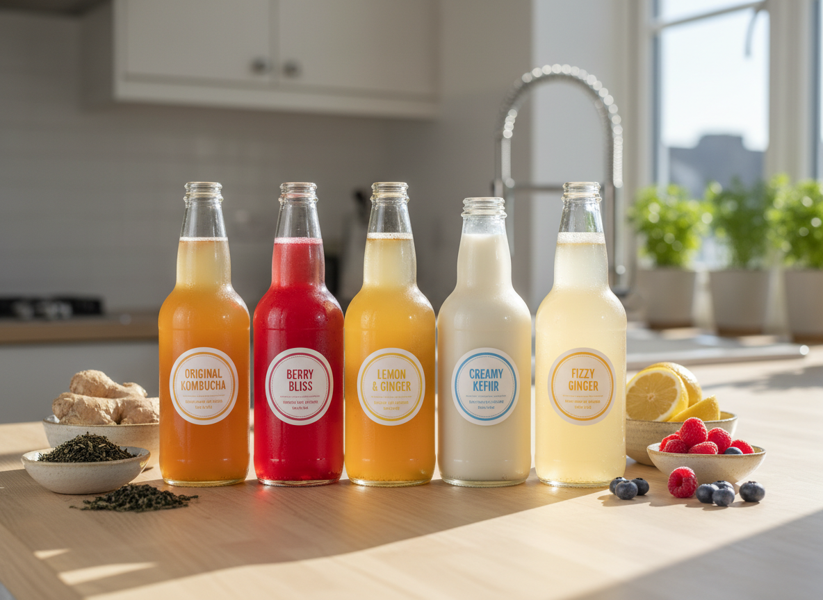 A vibrant lineup of artisanal ferment drinks from Flow Ferments displayed on a light wooden countertop, captured in photographic realism. Clear glass bottles of kombucha in amber, raspberry-red, and citrus-gold stand beside a frosted bottle of creamy milk kefir and a softly fizzing ginger beer. Behind them, a playful arrangement of fresh ingredients—ginger roots, lemon wedges, tea leaves, and berries—rests on small ceramic dishes. Soft morning window light streams in from the side, creating sparkling highlights on the condensation and gentle shadows on the wood. Shot at eye level with a shallow depth of field, the background blurs into a bright, modern kitchen, creating a lively, inviting atmosphere that feels fresh, handcrafted, and full of flavor exploration.